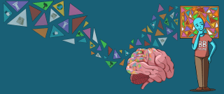 Baner illustration of a person thinking, a brain, and a stream of triangles