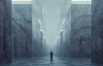 Human standing in The Center of a very wide path, surrounding my extremely high, grey walls. the air is very foggy, making the entire picture greyish.