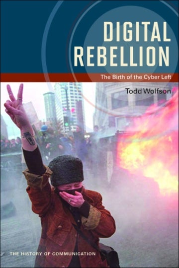 Publication cover depicting a woman giving a piece sign during a violent protest